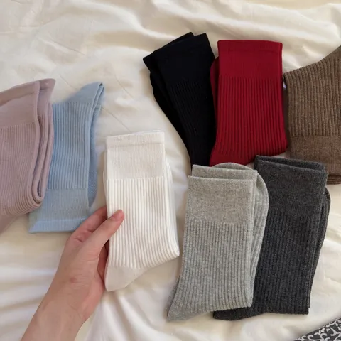 Women's Solid Color Ribbed Mid Calf Socks Breathable Sweat Absorbent Casual Daily Cotton Knit Hosiery