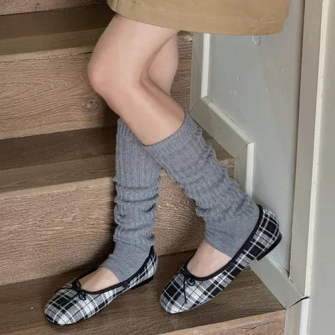 Women Solid Color Knitted Slouch Leg Warmers Y2K Vintage Vertical Striped Stirrup Socks Breathable Fashion Accessories