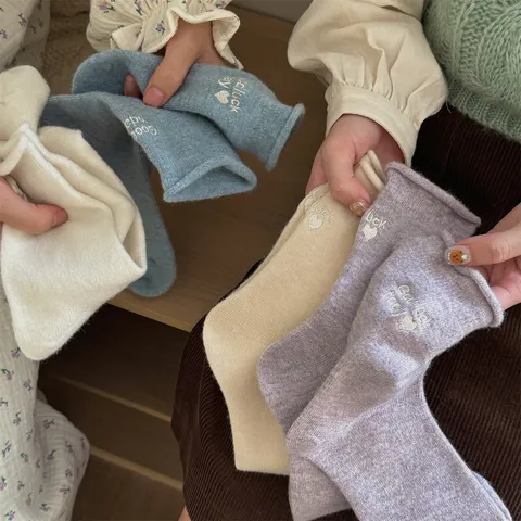 Women's Winter Warm Wool Blend Slouch Socks Japanese Style Letter Embroidery Rolled Cuff Mid Tube Socks