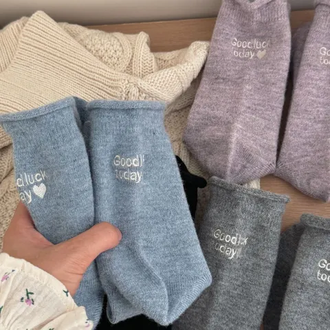 Women's Winter Warm Wool Blend Slouch Socks Japanese Style Letter Embroidery Rolled Cuff Mid Tube Socks