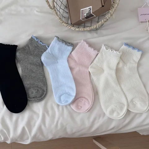 Women Casual Cotton Blend Mid Tube Socks Sweet Contrast Color Ruffle Mesh Breathable Fashion Socks Daily Wear