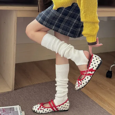 Women Korean Style Casual Knitted Stirrup Leg Warmers Solid Color Ribbed Stitched Stacked Socks Fashion Accessory