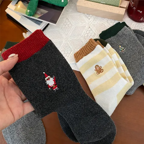 Women Winter Warm Christmas Wool Blend Mid Calf Socks Striped Cute Santa Snowman Elk Embroidery Casual Hosiery
