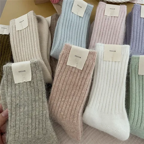 Women Winter Thickened Warm Mid-Tube Socks Rabbit Hair Blend Solid Color Ins Style Casual Thermal Socks For Ladies