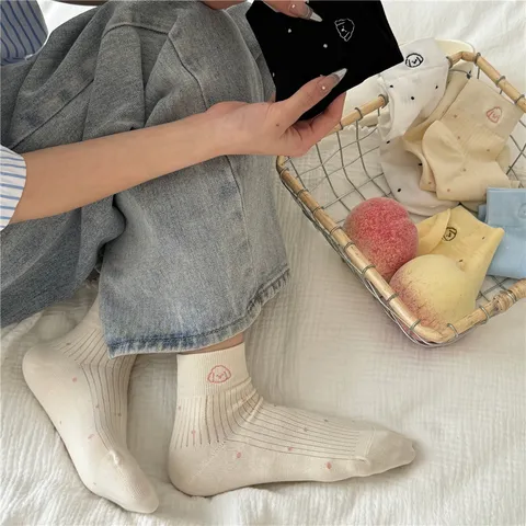 Women Cute Polka Dot Short Socks Cotton Breathable Casual Ankle Socks With Dog Embroidery Sweet Girl Low Cut Socks