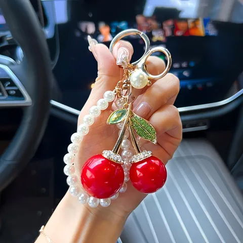 Portachiavi con Ciliegia e Perla Ciondolo Borsa Lega di Zinco Strass Portachiavi Donna Auto Catena Chiavi Accessori Borsa Moda