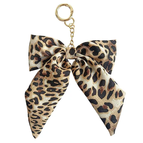 Leopardenmuster Schleife Schlüsselanhänger Taschenanhänger Stoff Band Perlenkette Hängendes Ornament Auto Schlüsselring Damen Zubehör