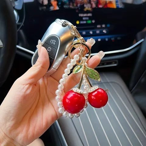 Portachiavi con Ciliegia e Perla Ciondolo Borsa Lega di Zinco Strass Portachiavi Donna Auto Catena Chiavi Accessori Borsa Moda