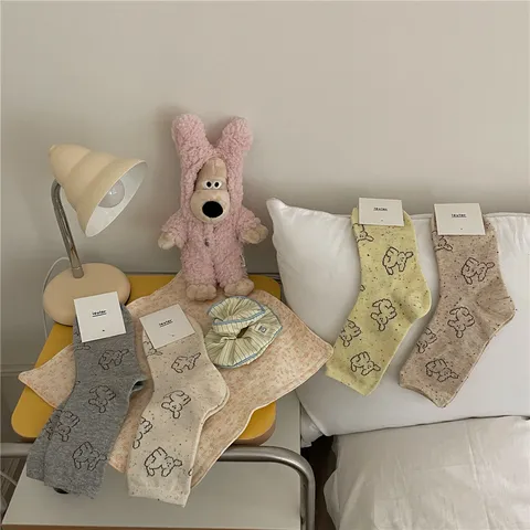 Women's Cute Cartoon Dog Crew Socks Sweet Casual Cotton Blend 3D Plush Animal Decorated Breathable Daily Mid Tube Socks