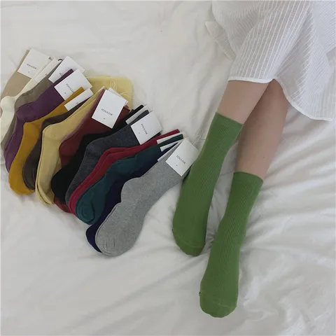 Women's Japanese Style Solid Color Double Needle Cotton Slouch Socks Casual Daily Basic Crew Socks