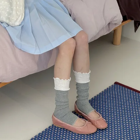 Women's Korean Style Color Block Ruffle Leg Warmers Spring Summer Thin Breathable Footless Stirrup Socks Fashion Accessories