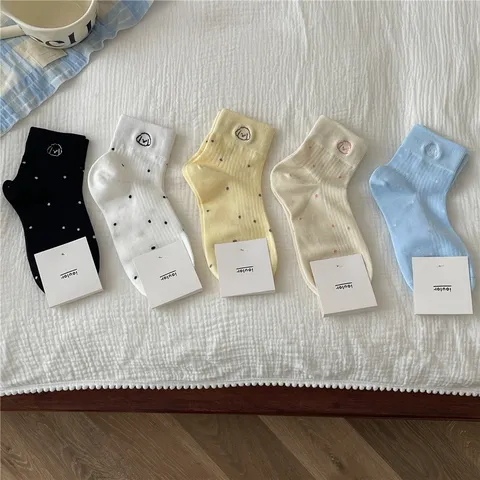 Women Cute Polka Dot Short Socks Cotton Breathable Casual Ankle Socks With Dog Embroidery Sweet Girl Low Cut Socks