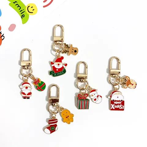Cute Christmas Santa Claus Snowman Reindeer Metal Keychain Bag Hanging Ornament Holiday Gift Key Ring