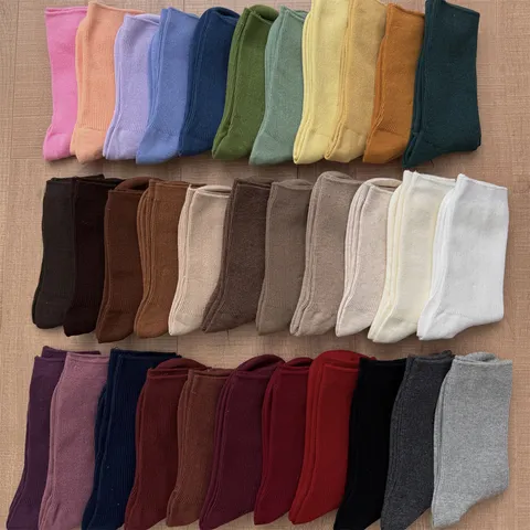 Women Casual Cotton Crew Socks Solid Color Fine Striped Stacked Socks Vintage Daily Comfort Hosiery