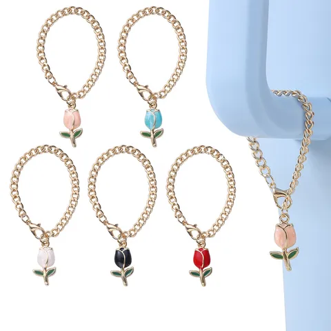 Minimalist Alloy Drip Oil Tulip Flower Thick Chain Cup Pendant Cute Bag Charm Fashion Jewelry Accessories Gift