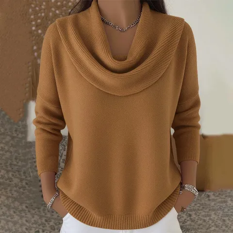 Femmes Décontracté Couleur Unie Col Drapé Manches Longues Pull-over Polyester Tricoté Élégant Basique Hiver Chaud Pull Haut