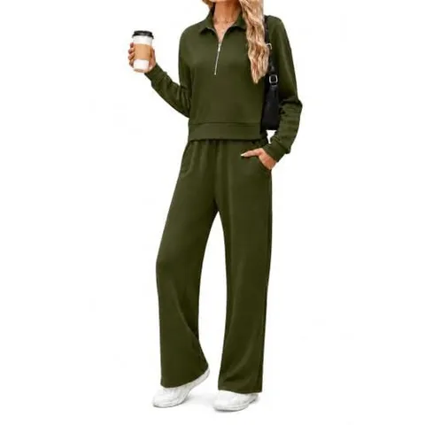 Completo Sportivo Casual da Donna Felpa Manica Lunga Mezza Zip e Pantaloni Gamba Larga Tinta Unita Tuta Larga