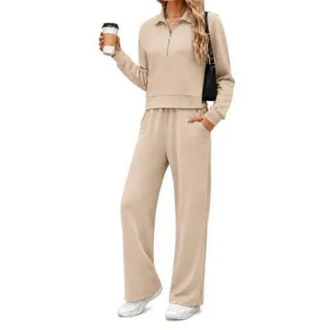 Completo Sportivo Casual da Donna Felpa Manica Lunga Mezza Zip e Pantaloni Gamba Larga Tinta Unita Tuta Larga