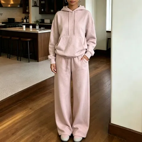 Donna Casual Tinta Unita Con Cappuccio Manica Lunga Felpa E Pantaloni Gamba Larga Tuta Poliestere Set Due Pezzi