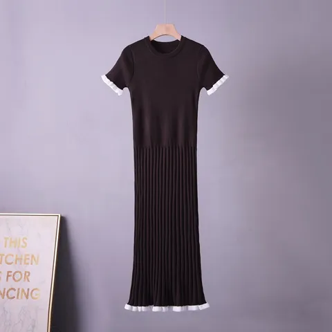 Women's Vintage Slim Fit Contrast Color Short Sleeve Ruffle Hem Long Dress Elegant Female Clothing