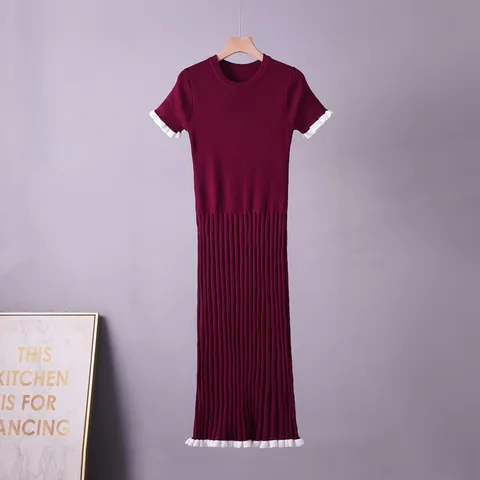 Women's Vintage Slim Fit Contrast Color Short Sleeve Ruffle Hem Long Dress Elegant Female Clothing
