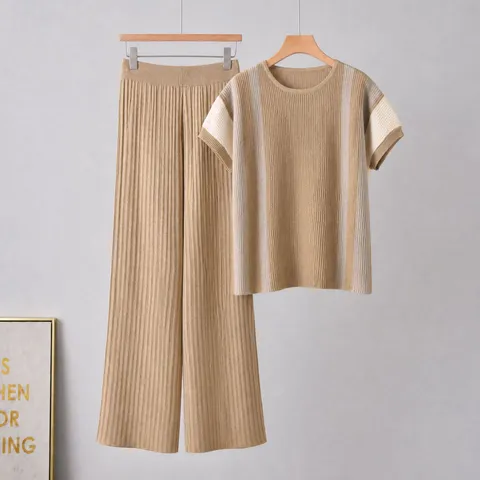 Ensemble Tricot Viscose Casual Femme Bloc de Couleur Top Manches Courtes Et Pantalon Large Élégant Ample Tenue Deux Pièces