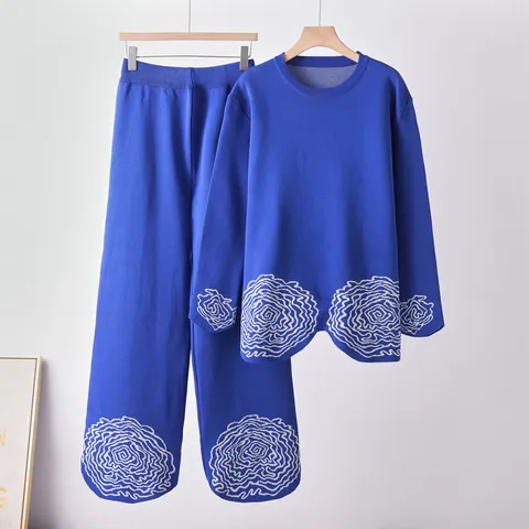 Women Casual Knit Sweater And Pants Set Long Sleeve Crew Neck Pullover Top Straight Trousers Elegant Commuter Tracksuit