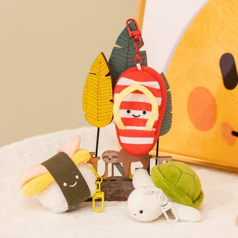 Mignon Pendentif en Peluche de Plage d'Été Porte-Clés Dessin Animé Pantoufle Sushi Cocotier Tortue Charme de Sac Jouet en Peluche