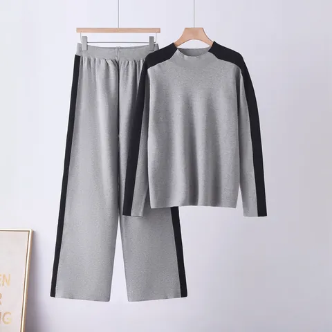 Women Casual Mock Neck Core Spun Yarn Sweater And Wide Leg Pants Top And Bottom Knit Color Block Outfit