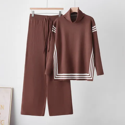 Women Casual High Neck Knit Sweater And Straight Pants Top And Bottom Winter Warm Long Sleeve Pullover Matching Outfit