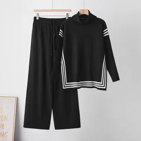 Women Casual High Neck Knit Sweater And Straight Pants Top And Bottom Winter Warm Long Sleeve Pullover Matching Outfit