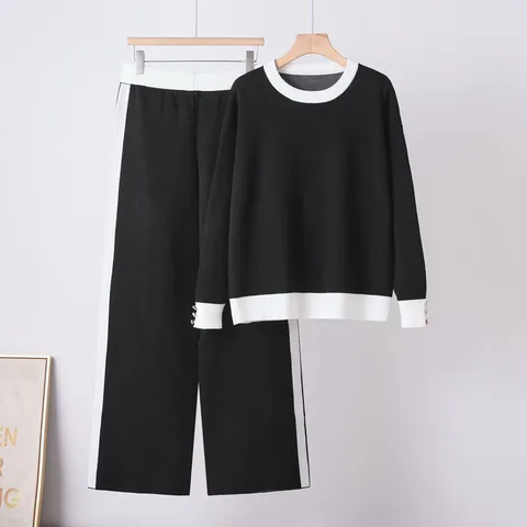 Women's Winter Casual Colorblock Knit Sweater And Wide Leg Pants Set Long Sleeve Pullover Top And Bottom