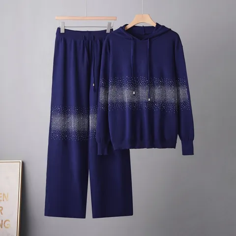 Damen Casual Mit Kapuze Pullover Sweatshirt Und Weites Bein Hose Set Hotfix Strass Strick Trainingsanzug Zweiteiliges Outfit