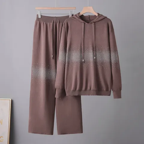 Damen Casual Mit Kapuze Pullover Sweatshirt Und Weites Bein Hose Set Hotfix Strass Strick Trainingsanzug Zweiteiliges Outfit