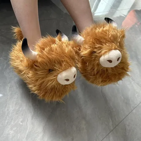 Pantofole in Cotone da Donna Cute Peluche Highland Cow Inverno Caldo Interno Suola Spessa Cartoon Animal House