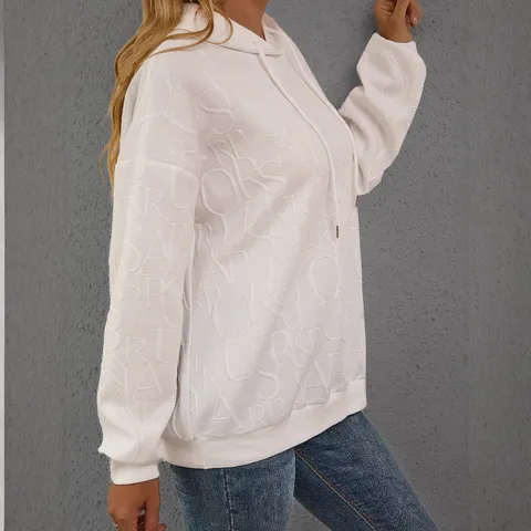 Damen Casual Lockeres Kapuzensweatshirt Langarm 3D Buchstaben Geprägt Einfarbig Modisches Pullover Top
