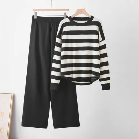 Women Casual Striped Color Block Knitwear Set Long Sleeve Crew Neck Pullover Sweater And Wide Leg Pants Outfit