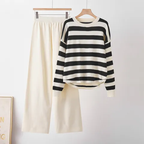 Women Casual Striped Color Block Knitwear Set Long Sleeve Crew Neck Pullover Sweater And Wide Leg Pants Outfit