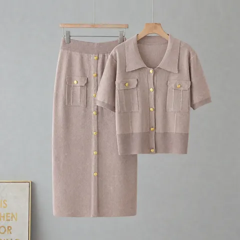 Summer French High-End Knitted Two-Piece Set Women Polo Collar Short Sleeve Top And Slim Mid-Length Skirt Suit