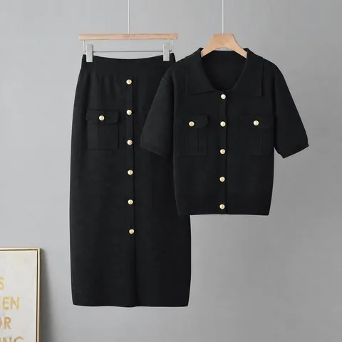 Summer French High-End Knitted Two-Piece Set Women Polo Collar Short Sleeve Top And Slim Mid-Length Skirt Suit