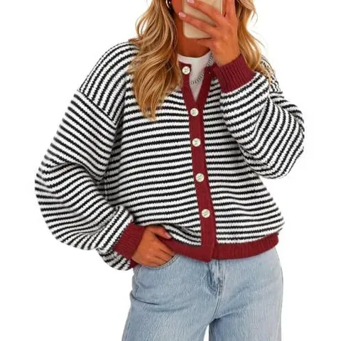 Cardigan in Maglia a Manica Lunga con Bottoni e Righe Casual da Donna