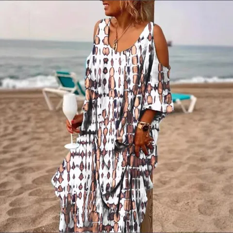 Vestido Maxi Estampado Estilo Vacaciones Bohemio Suelto Casual Hombros Descubiertos Manga Larga Ropa de Playa