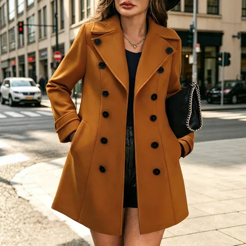 Cappotto Trench in Lana Doppiopetto con Revers da Donna Inverno Classico