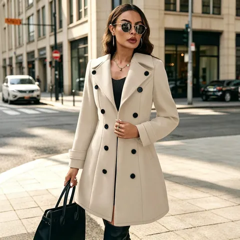 Cappotto Trench in Lana Doppiopetto con Revers da Donna Inverno Classico