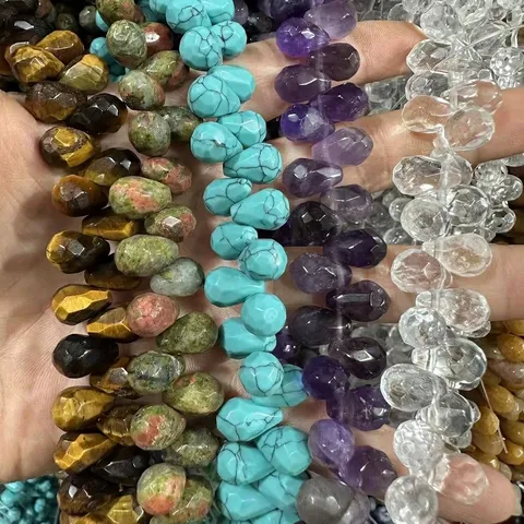 Cuentas de Gota de Agua Facetadas de Piedra Natural para Creación de Joyas Bricolaje Borla Ojo de Tigre Amatista Ágata Cuentas