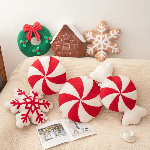 Noël Flocon de Neige Maison de Pain d'Épices Couronne Bonbon Coussin Décoratif Décoration Festive Doux Coussin en Peluche Fournitures de Fête