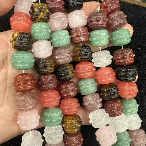 Natural Stone Drum Shape Carved Beads For DIY Jewelry Making Agate Crystal Tiger Eye Loose Bead Strand For Bracelets