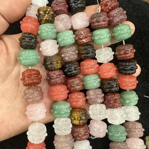 Natural Stone Drum Shape Carved Beads For DIY Jewelry Making Agate Crystal Tiger Eye Loose Bead Strand For Bracelets