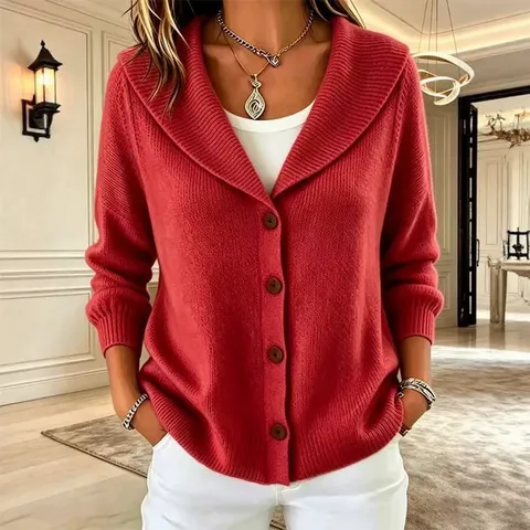 Damen Casual Locker Einfarbig Langarm Revers Cardigan Polyester Strickwaren Herbst Winter Mode Pullover