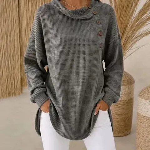 Damen Casual Einheitsfarbe Waffel Langarm Knopf Rundhals Bluse Komfortabel Alltag Büro Hemd Top